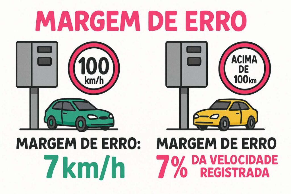 Infográfico Comparação visual das margens de erro dos radares em multas por excesso de velocidade: até 100 km/h com tolerância de 7 km/h e acima disso com margem de 7% sobre a velocidade registrada.