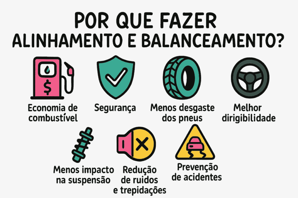 Ilustração informativa destacando os benefícios do alinhamento e balanceamento, como economia de combustível, segurança, menor desgaste dos pneus e prevenção de acidentes.