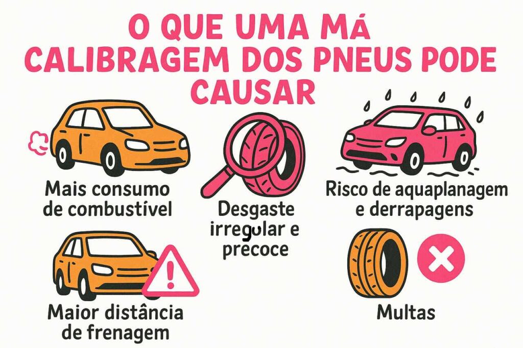 Infográfico com ícones mostrando que a má calibragem do pneu pode causar multas, desgaste e maior consumo.