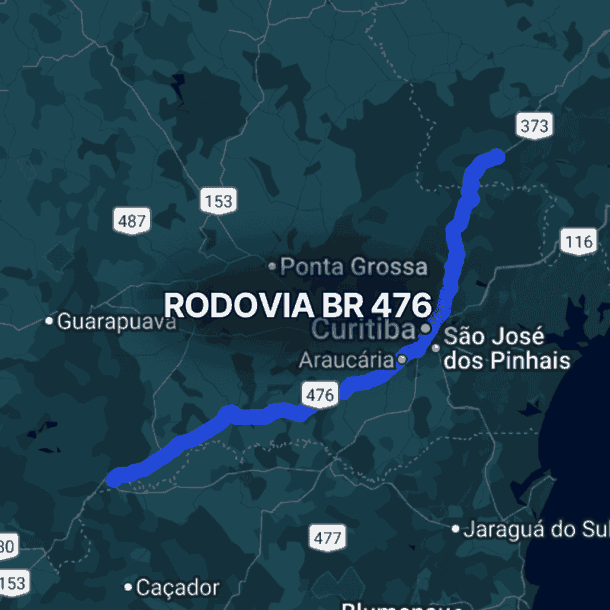 Mapa noturno com traçado azul mostrando a rota principal pela BR 476, ligando Curitiba a cidades do Paraná como Guarapuava e Ponta Grossa, incluindo conexões com demais rodovias.
