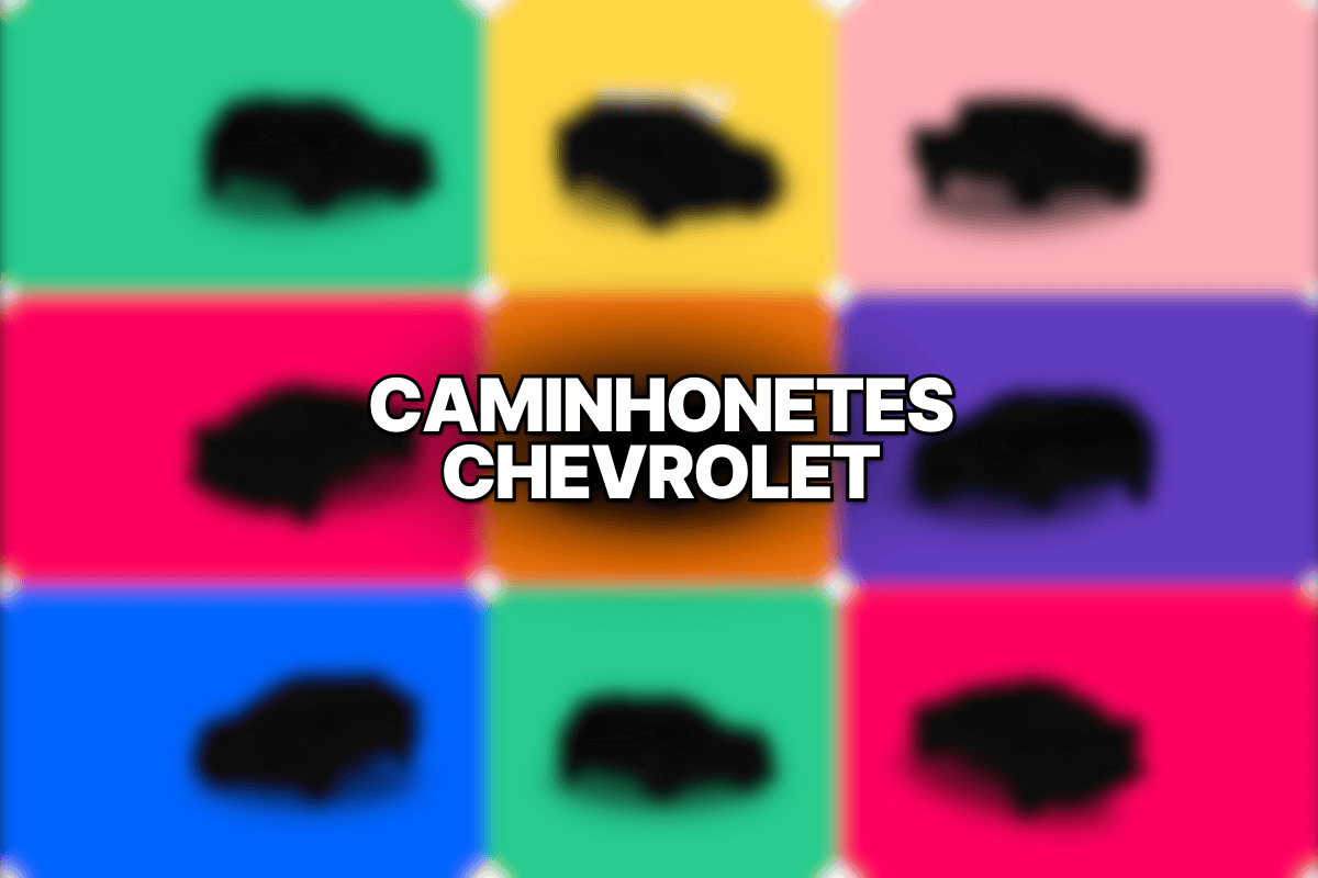 Montagem colorida com silhuetas de caminhonetes Chevrolet e texto central destacado.