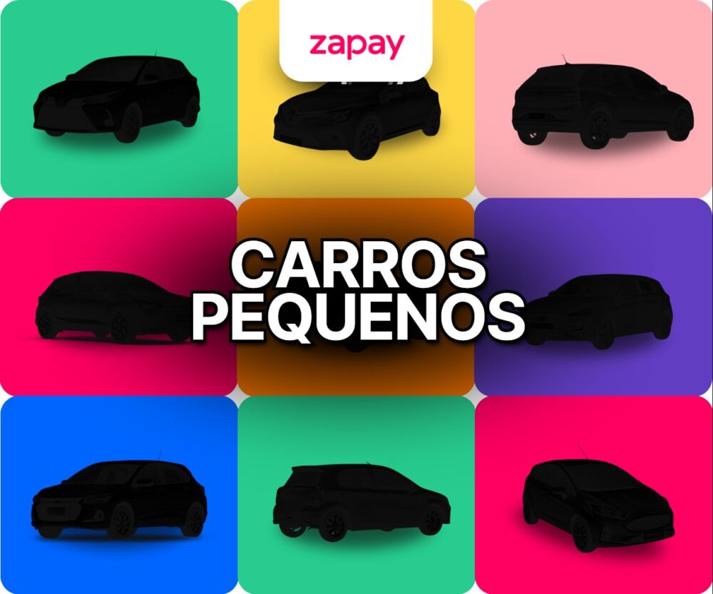 Montagem colorida com silhuetas de diversos carros pequenos sobre fundos vibrantes, com o logotipo da Zapay no topo e o texto centralizado “Carros Pequenos” em destaque, representando variedade e estilo para quem busca veículos compactos.