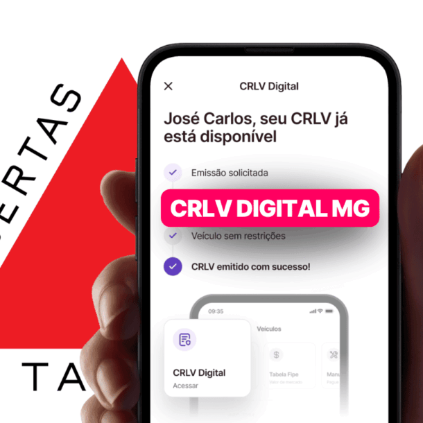 Mão segurando um celular que exibe a tela de confirmação do CRLV Digital MG, com a mensagem “CRLV emitido com sucesso”, tendo ao fundo a bandeira do estado de Minas Gerais.