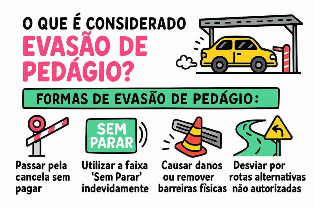Imagem educativa com ilustrações e texto explicando o que é evasão de pedágio, mostrando quatro formas de infração: passar sem pagar, usar faixa Sem Parar indevidamente, danificar barreiras e desviar por rotas proibidas.