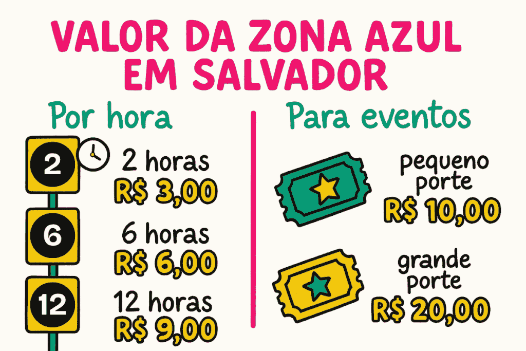 Ilustração com valores atualizados da zona azul Salvador, mostrando tarifas de R$3 a R$9 por hora e preços especiais para eventos.