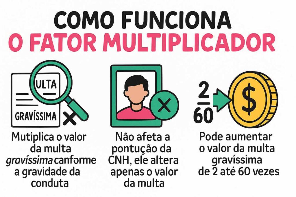 Infográfico sobre o fator multiplicador de multas de trânsito, com ícones que explicam como o valor da infração gravíssima pode ser multiplicado de 2 a 60 vezes.