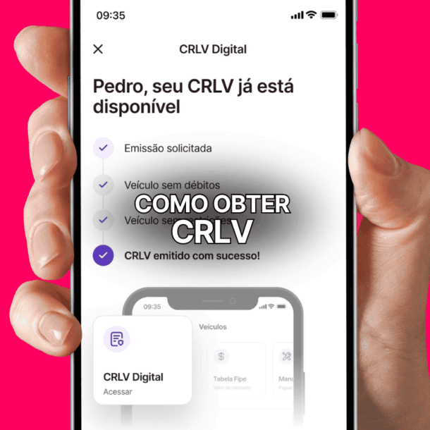 Pessoa segurando celular com tela exibindo a confirmação da emissão do CRLV digital no aplicativo, com destaque para a mensagem “CRLV emitido com sucesso” e a frase “Como obter CRLV”.