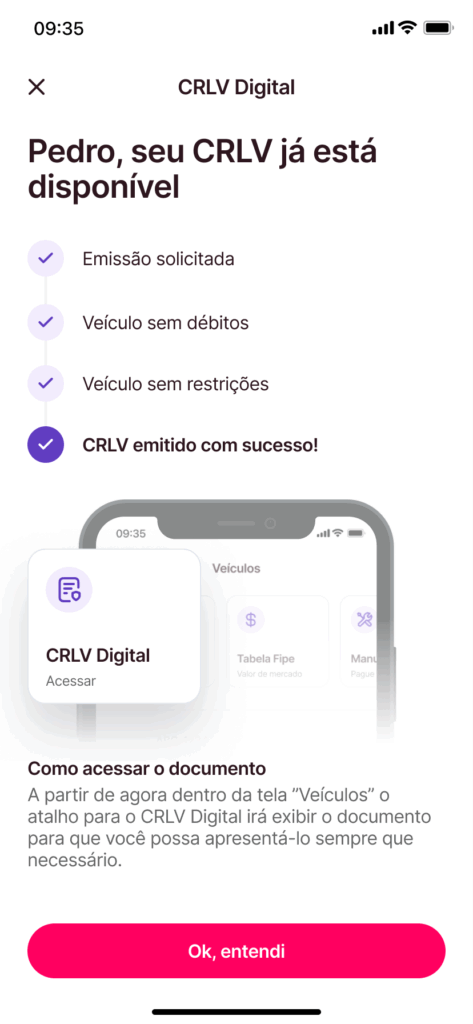 CRLV digital emitido com sucesso em app, com instruções de como obter CRLV e acessá-lo pelo celular.