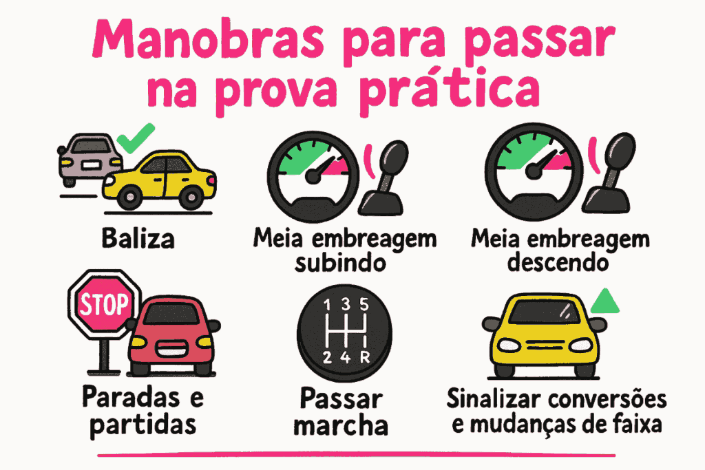 Ilustrações mostram baliza, meia embreagem, paradas e sinalização como manobras essenciais para passar na prova do Detran.