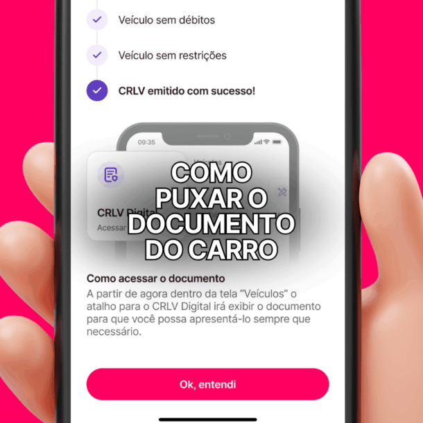 Interface de aplicativo com texto “como puxar documento do carro” sobreposto ao botão de acesso ao CRLV Digital.