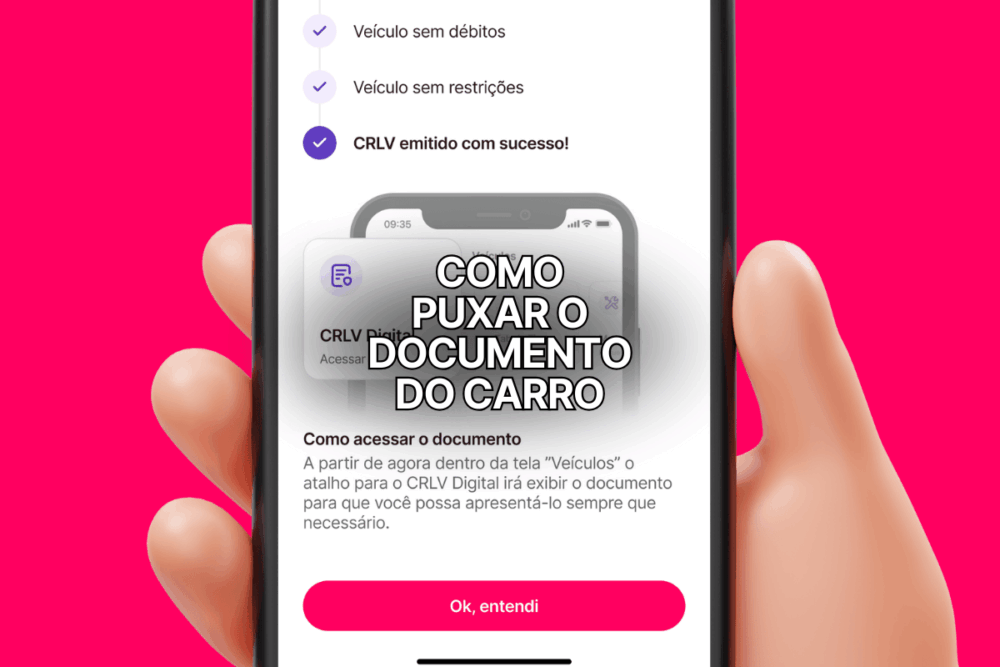 Interface de aplicativo com texto “como puxar documento do carro” sobreposto ao botão de acesso ao CRLV Digital.