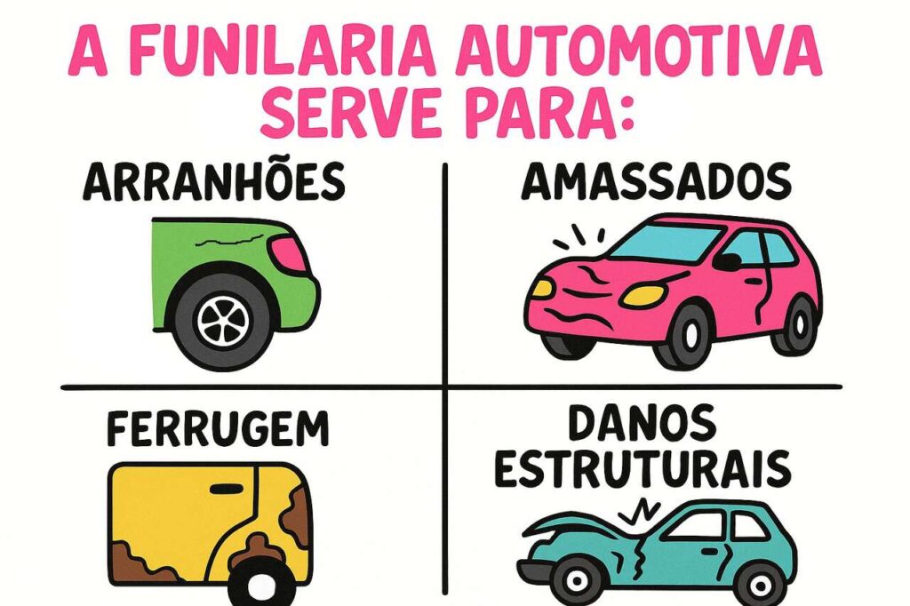 Ilustração colorida explicando que a funilaria automotiva resolve problemas como arranhões na lataria, amassados em portas e para-choques, ferrugem na carroceria e danos estruturais graves em veículos.