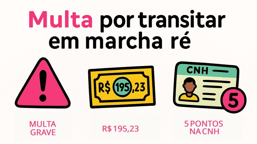 Ilustração mostra as penalidades por transitar em marcha ré de forma irregular: multa grave no valor de R$195,23 e perda de cinco pontos na CNH do condutor.