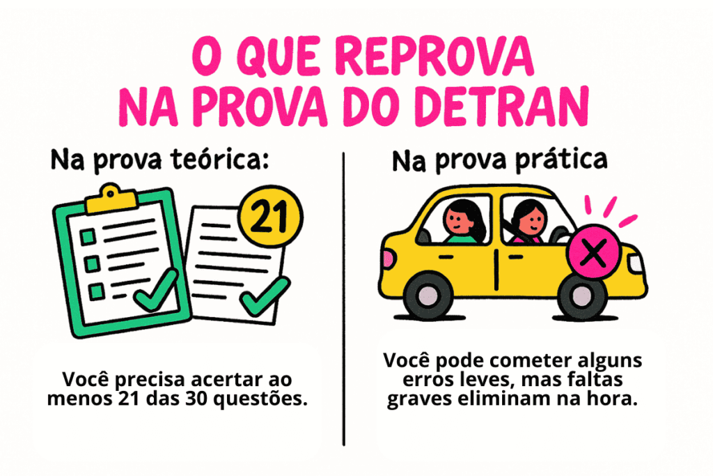 Cartaz informativo destaca que erros graves e menos de 21 acertos são motivos de reprovação para passar na prova do Detran.