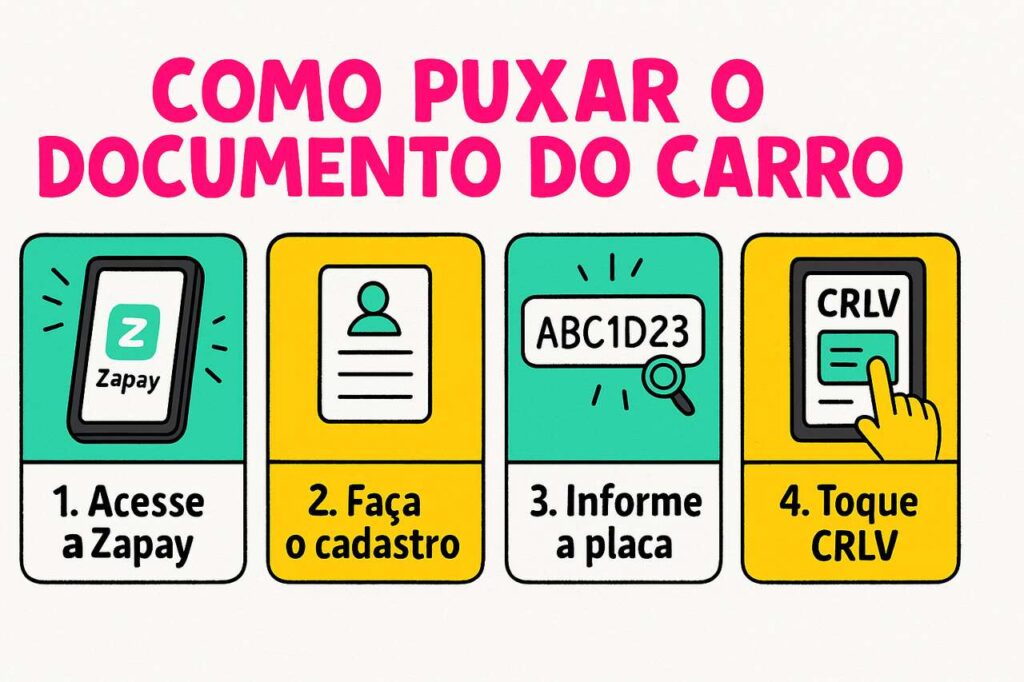 Ilustração colorida em estilo vetorial ensina como puxar documento do carro usando o app Zapay, com quatro etapas visuais: acessar o aplicativo, fazer cadastro, informar a placa do veículo e tocar em CRLV.