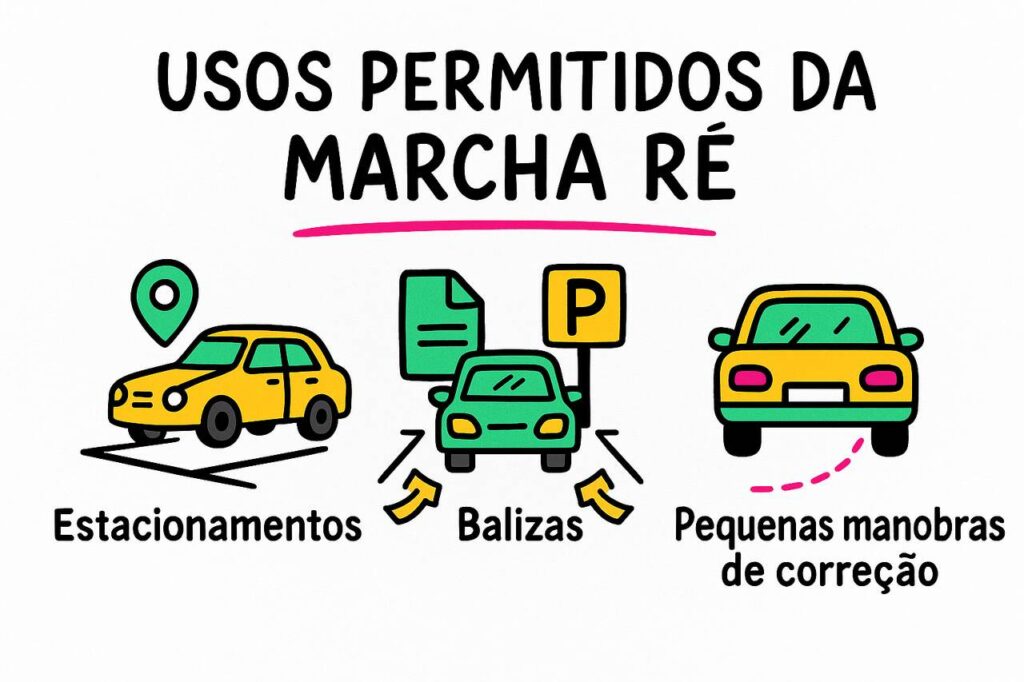 Imagem educativa com três ilustrações explicando situações permitidas para transitar em marcha ré, como balizas, estacionamentos e pequenas manobras de correção durante o estacionamento do veículo.
