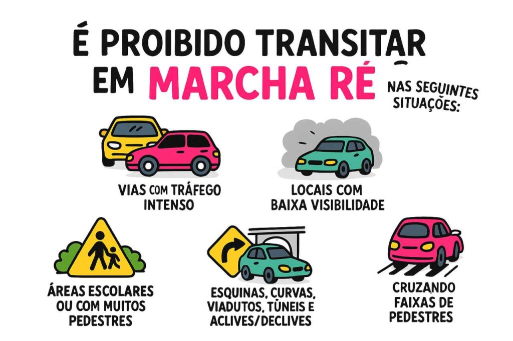 Infográfico apresenta situações em que é proibido transitar em marcha ré, incluindo vias com tráfego intenso, áreas escolares, curvas, faixas de pedestre e locais com pouca visibilidade.