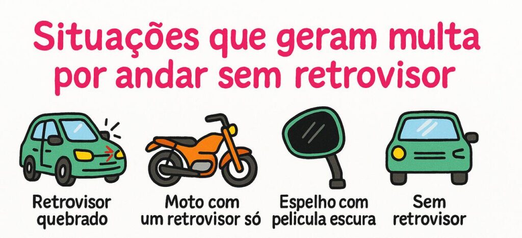 Montagem com ícones ilustrativos e texto “Situações que geram multa por andar sem retrovisor”, incluindo retrovisor quebrado, moto com um espelho só, espelho com película escura e carro sem retrovisor.