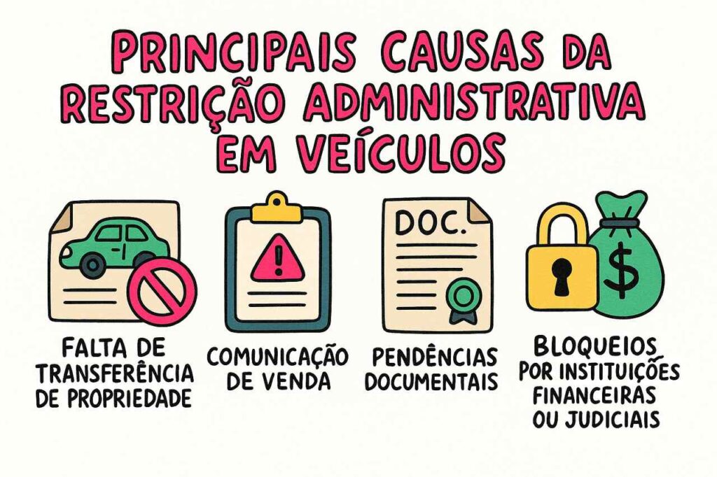 Infográfico apresentando as principais causas dos veículos com restrição administrativa.