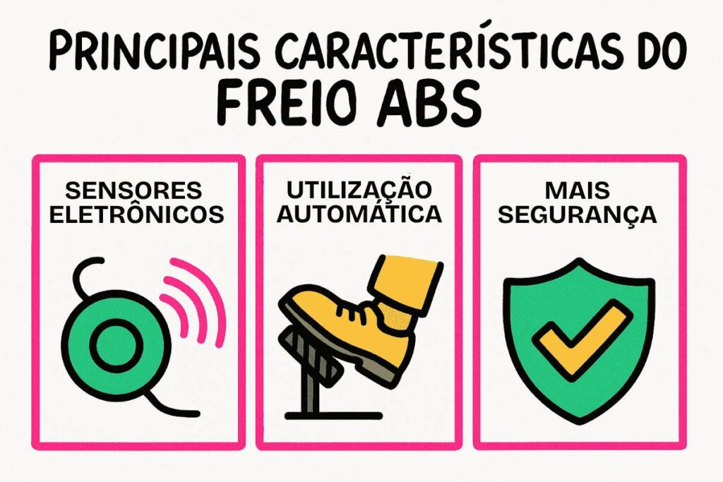 Infográfico com ícones destacando as principais características do freio ABS, como sensores eletrônicos, uso automático do sistema e maior segurança durante a frenagem.