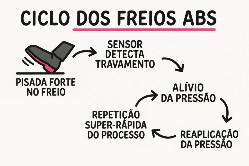 Diagrama ilustrado explicando como funciona o freio ABS, mostrando o ciclo de frenagem: pisada forte no pedal, sensor detecta travamento, alívio e reaplicação da pressão com repetição rápida.