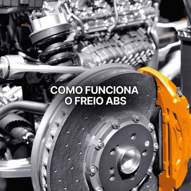 Foto de detalhe do sistema de freio ABS em um veículo, exibindo disco de freio com pinça amarela e componentes mecânicos, com texto como funciona o freio ABS sobreposto.