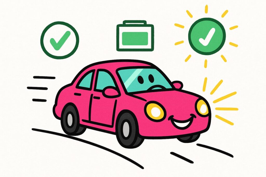 Ilustração de carro rosa com rosto sorridente e faróis acesos, representando bateria do carro em bom estado, sem sinais que a bateria do carro está ruim.