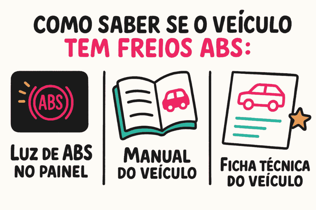 Ilustração explicativa mostrando como saber se o veículo tem freios ABS, destacando três opções: luz de ABS no painel, consulta ao manual do veículo e leitura da ficha técnica do veículo.