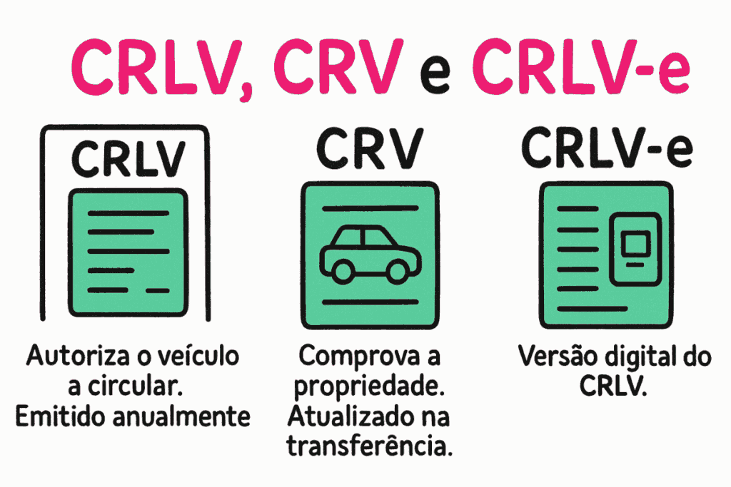 Infográfico comparativo explicando a diferença entre CRLV, CRV e CRLV-e, com ícones ilustrativos e texto explicativo, orientando sobre os documentos veiculares e a possibilidade de emitir a segunda via do CRLV em formato digital.