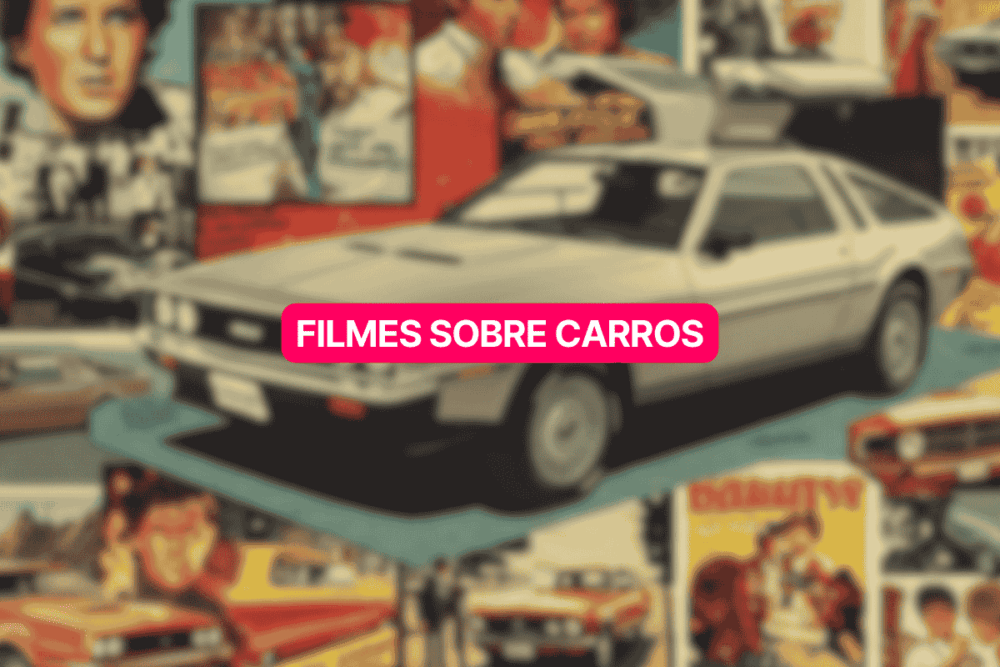Montagem com pôsteres vintage de filmes sobre carros, destacando o DeLorean do filme "De Volta para o Futuro" em primeiro plano, com cores vibrantes e estilo retrô.