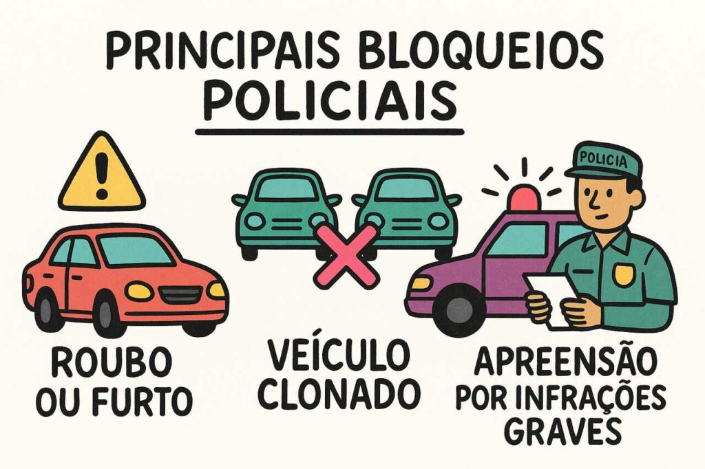 Infográfico ilustrado explicando Principais bloqueios policiais que causam o veículo com bloqueio diversos: roubo ou furto, veículo clonado e apreensão por infrações.