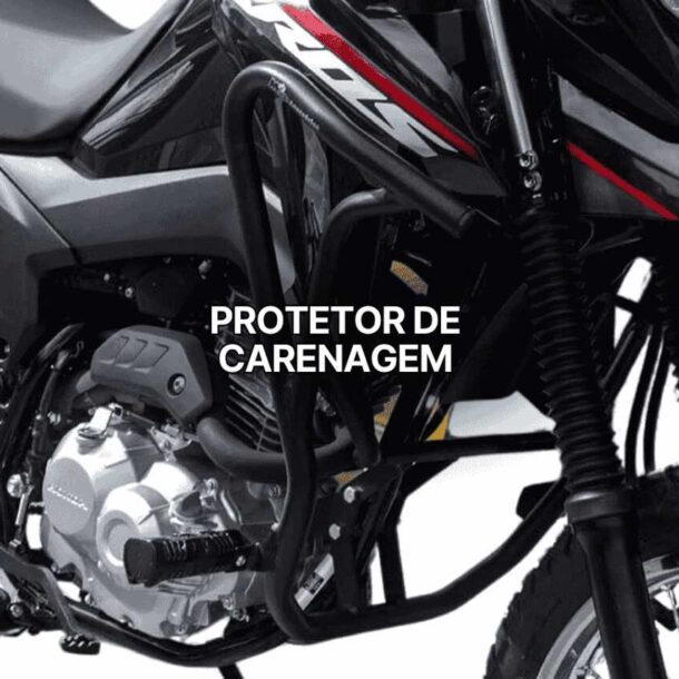 Detalhe de uma moto preta com protetor de carenagem tubular instalado, destacando a proteção lateral do motor e da carenagem frontal.