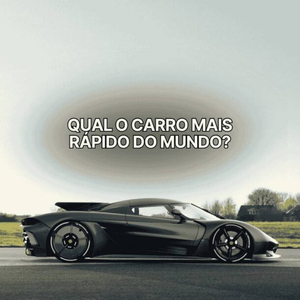 Hipercarro preto de perfil sobre pista asfaltada com céu claro ao fundo e a frase “Qual o carro mais rápido do mundo?” centralizada, chamando atenção para o desempenho e velocidade recorde do modelo esportivo.