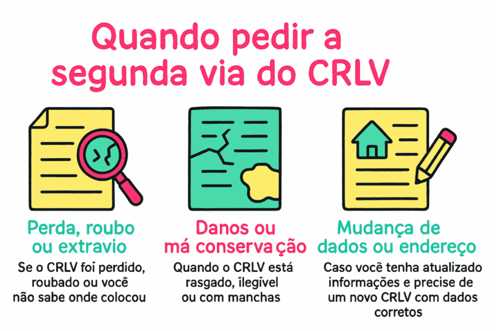Infográfico colorido com três situações que justificam a solicitação da segunda via do CRLV: perda ou roubo, má conservação do documento e mudança de dados ou endereço, com ícones visuais representando cada motivo.
