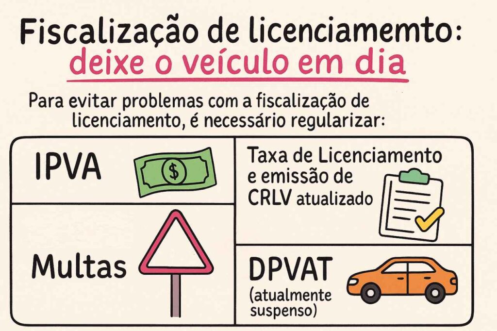 Ilustração educativa destacando os documentos obrigatórios para evitar problemas na fiscalização de licenciamento, como IPVA, multas, taxa de licenciamento e CRLV atualizado.