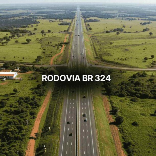 Foto aérea da Rodovia BR 324 com pista dupla e tráfego moderado, rodeada por pastagens verdes e pequenas construções rurais, evidenciando a extensão e importância logística da Rodovia BR 324 no Brasil.