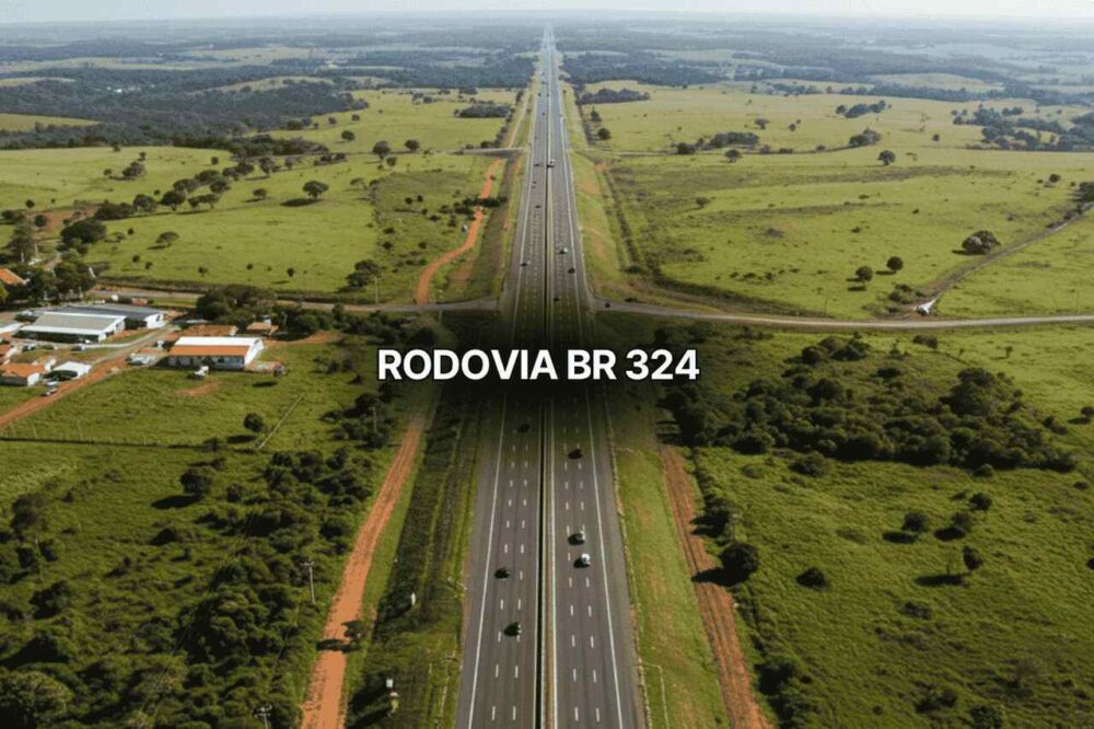 Foto aérea da Rodovia BR 324 com pista dupla e tráfego moderado, rodeada por pastagens verdes e pequenas construções rurais, evidenciando a extensão e importância logística da Rodovia BR 324 no Brasil.
