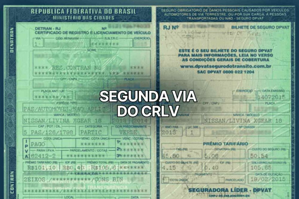 Documento físico de licenciamento veicular CRLV e bilhete de seguro DPVAT do estado do Rio de Janeiro, com destaque em texto central indicando “Segunda via do CRLV”, relacionado à necessidade de reemissão por perda, roubo ou atualização de dados.