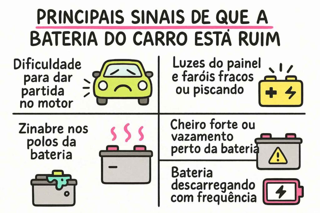 Infográfico ilustrando sinais que a bateria do carro está ruim, como dificuldade para dar partida, faróis fracos, zinabre nos polos, cheiro forte, vazamento e descarga frequente.
