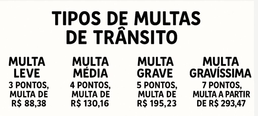 Tabela ilustrativa apresenta os tipos de multas de trânsito no Brasil: leve, média, grave e gravíssima, com respectivos pontos e valores.