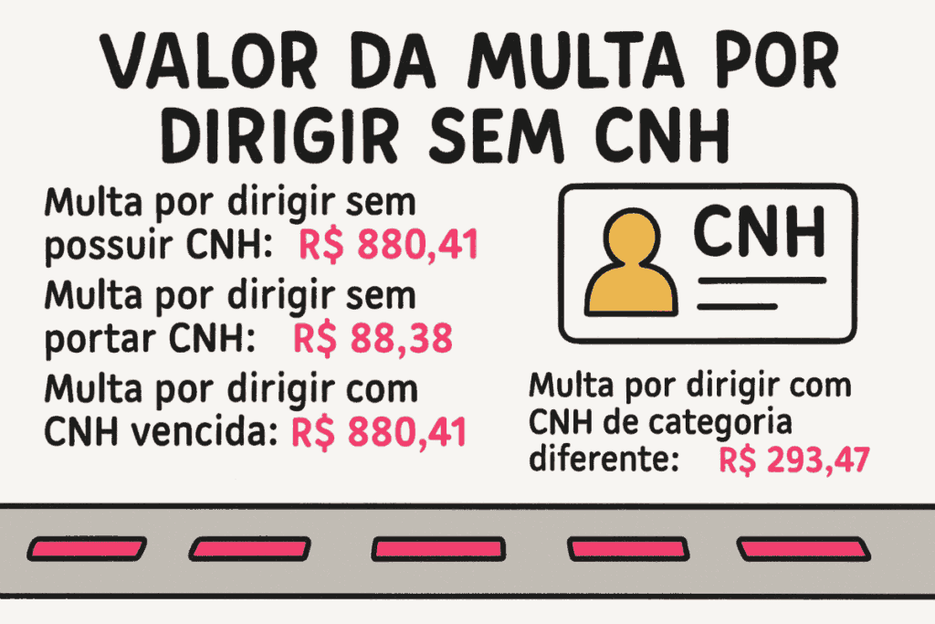 Informativo visual com os valores atualizados da multa por dirigir sem CNH, incluindo penalidades para ausência, CNH vencida ou categoria incorreta.
