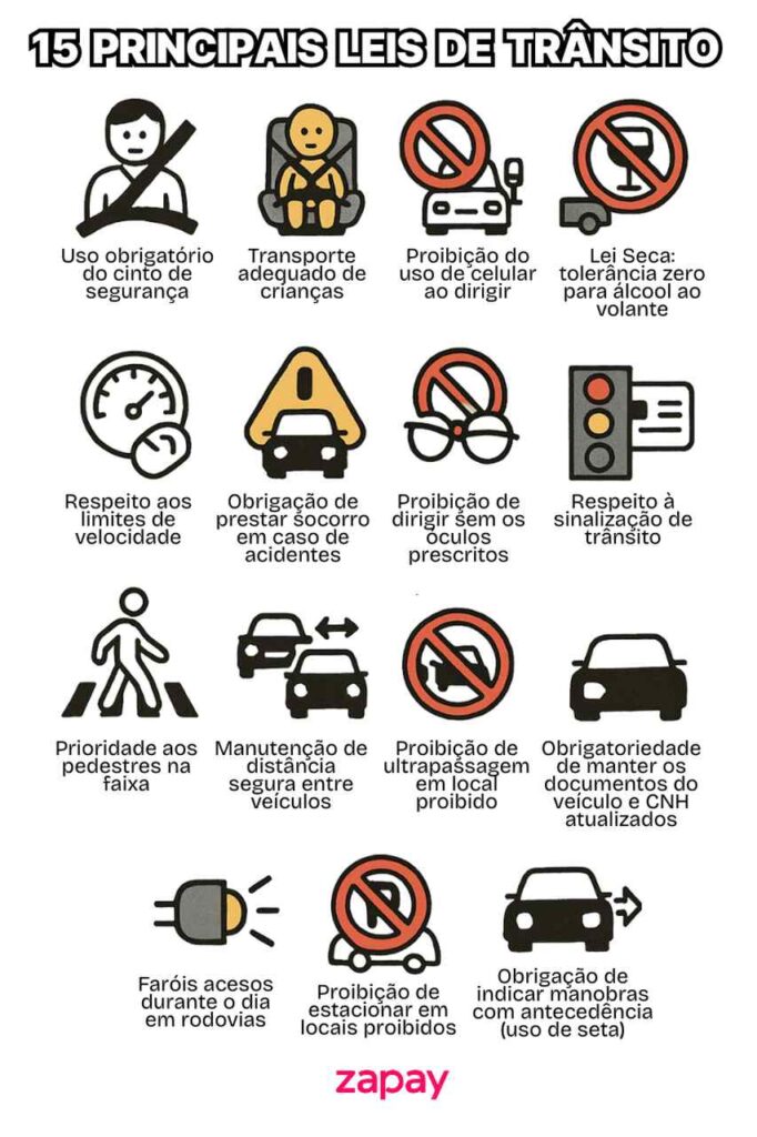 Infográfico com quinze ícones e descrições das principais leis de trânsito, incluindo uso de cinto, transporte de crianças, proibição de celular, respeito à sinalização e manutenção de documentos atualizados.