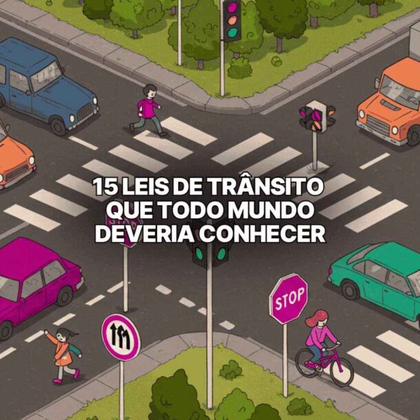 Ilustração colorida com texto sobreposto que diz "15 leis de trânsito que todo mundo deveria conhecer". A ilustração é de cruzamento urbano com carros de diversas cores, pedestres atravessando na faixa, ciclista próximo à placa de stop e semáforos ligados, destacando leis de trânsito importantes.