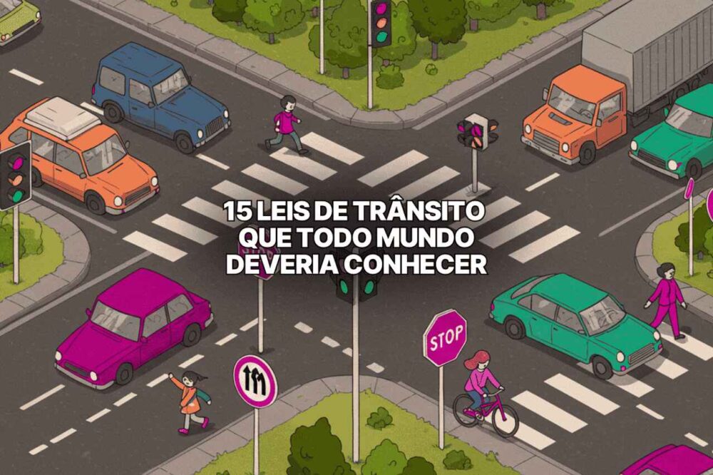 Ilustração colorida com texto sobreposto que diz "15 leis de trânsito que todo mundo deveria conhecer". A ilustração é de cruzamento urbano com carros de diversas cores, pedestres atravessando na faixa, ciclista próximo à placa de stop e semáforos ligados, destacando leis de trânsito importantes.