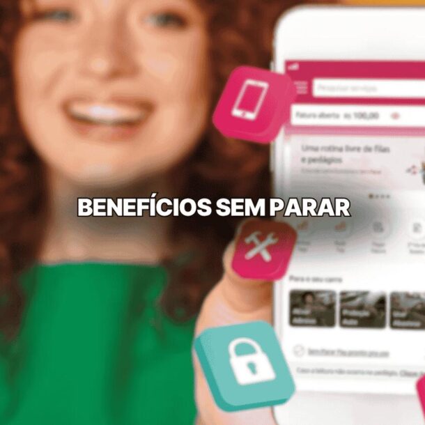 Imagem de vários benefícios sem parar exibidos na tela de um celular que uma mulher segura com expressão tranquila. Sobreposto na imagem, há um título que diz: Benefícios Sem Parar.