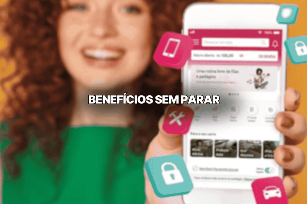 Imagem de vários benefícios sem parar exibidos na tela de um celular que uma mulher segura com expressão tranquila. Sobreposto na imagem, há um título que diz: Benefícios Sem Parar.