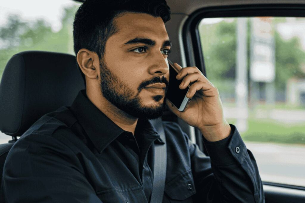 Homem de barba usando camisa escura ao volante, segurando celular junto ao ouvido enquanto dirige, exemplificando a lei de trânsito que proíbe uso de celular ao dirigir veículos.