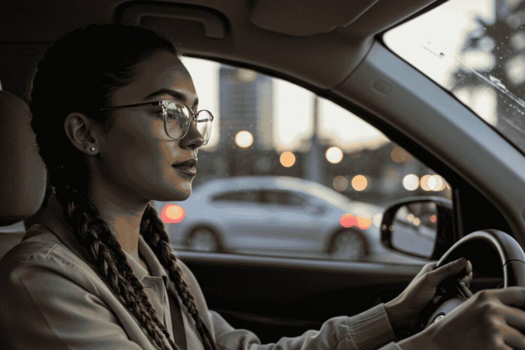 Mulher jovem de óculos dirigindo com atenção ao entardecer, mãos no volante e cinto afivelado, representando a lei de trânsito sobre uso obrigatório do cinto de segurança e atenção à direção.