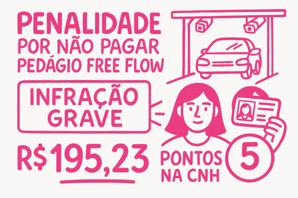 Ilustração explicando penalidades e multa por não pagar free flow CSG.