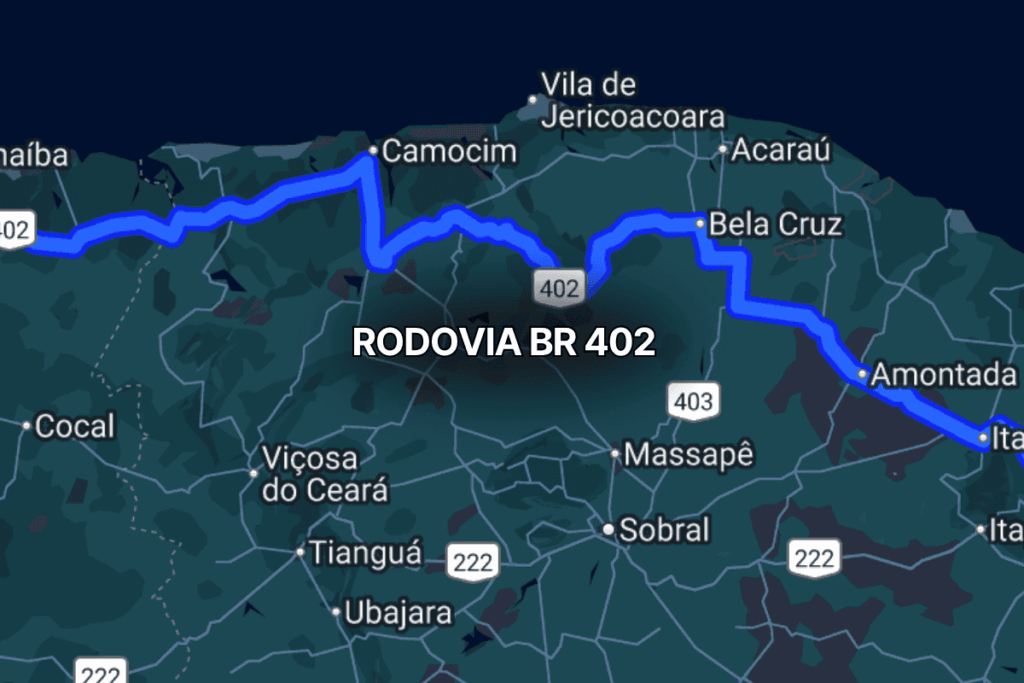 Mapa do estado do Ceará destacando a rota da br 402 em azul, que passa por cidades como Camocim, Bela Cruz e Amontada, conectando regiões litorâneas e turísticas próximas a Jericoacoara no nordeste brasileiro. Perguntar ao ChatGPT